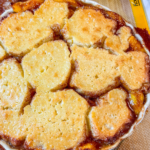 finished cobbler on a baking sheet