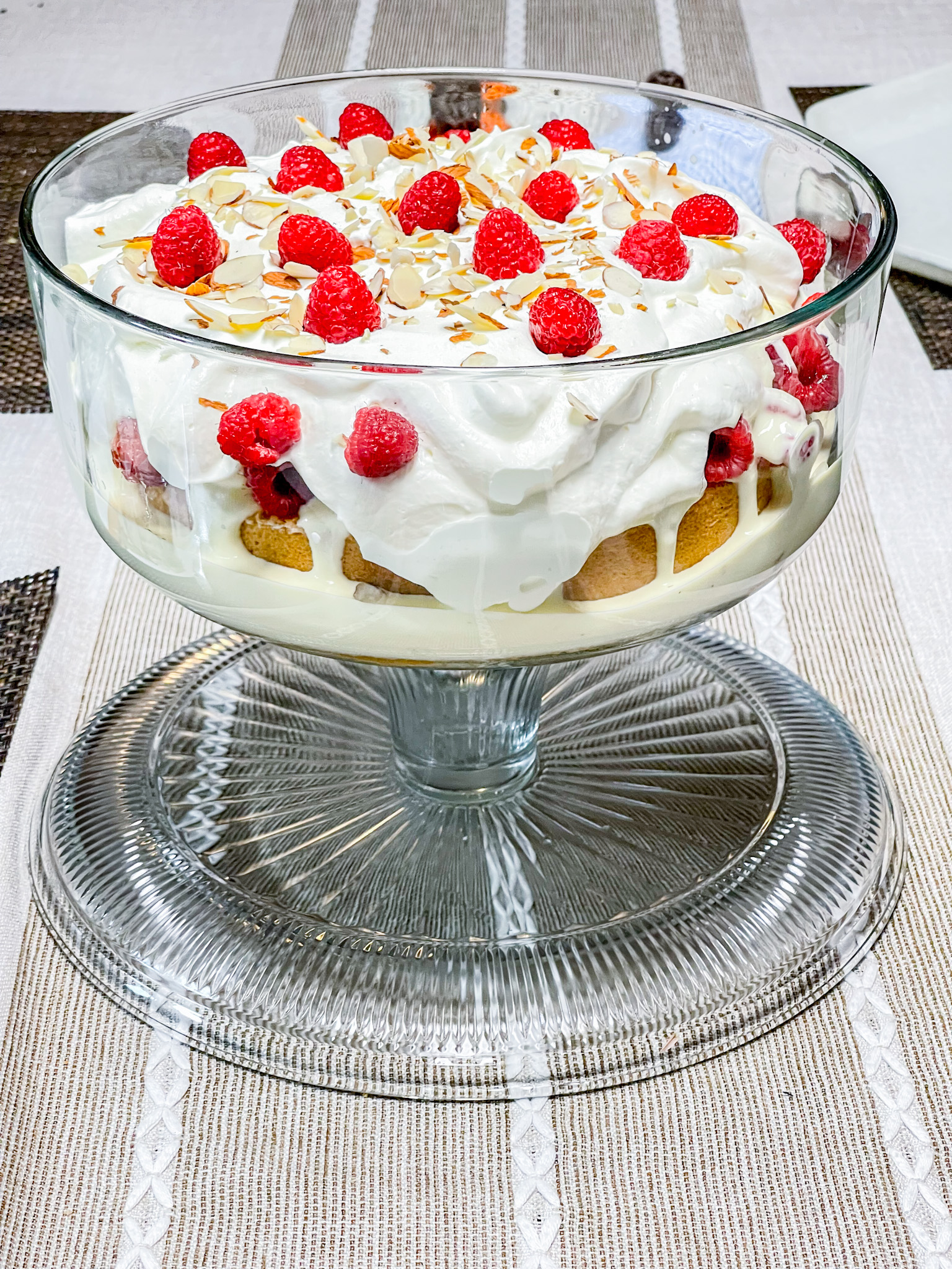 My Tipsy laird done and ready to eat. is a layered dessert with cake, then custard, the berries, then whipped cream, the almond slices & raspberries.