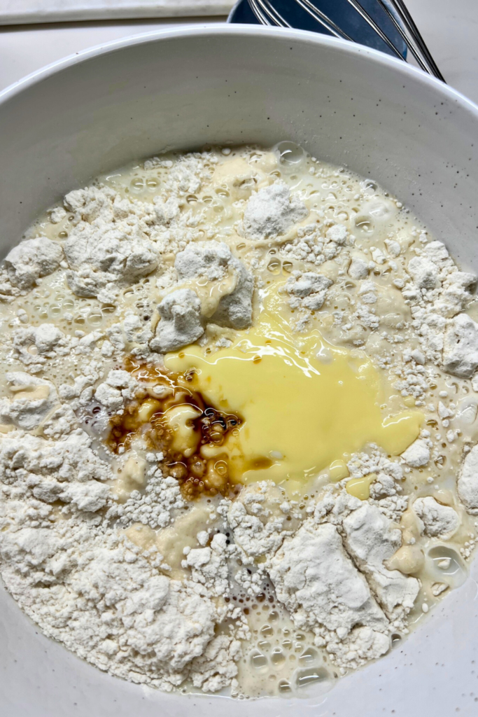 wet ingredients added to dry ingrents for pancakes
