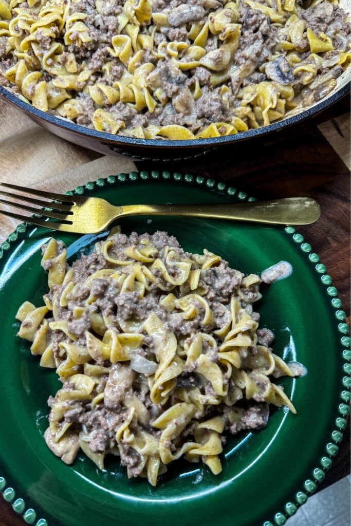 One-Pot Ground Beef Stroganoff on a green plate (2)