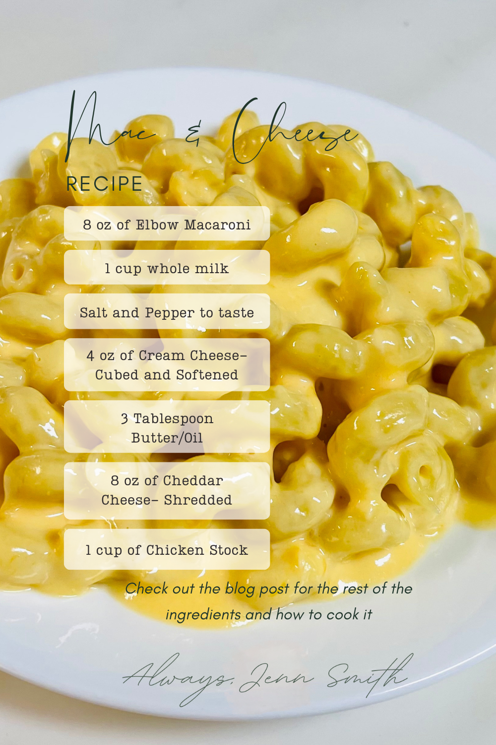Healthy-ish mac and cheese Pinterest Pin with ingredients shown in white bubbles