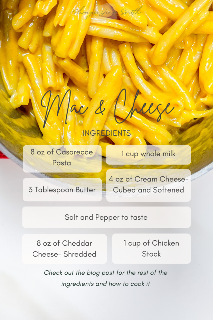 Healthy-ish mac and cheese Pinterest Pin with ingredients shown in two columns of bubbles.