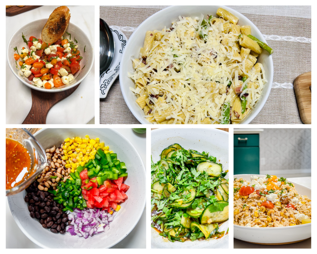 Collage of the tomato mozzarella salad, one pot pasta, cowboy caviar, cucumber salad, and street corn pasta salad.