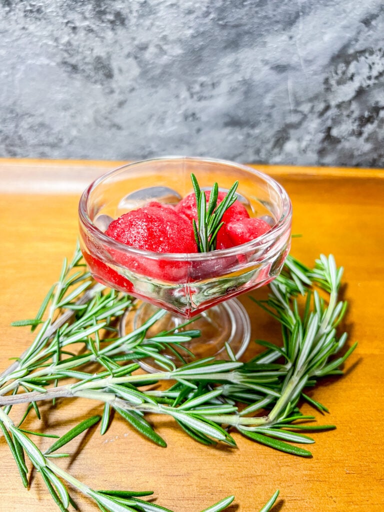 Finished Cranberry Granita in a small dish with rosemary.