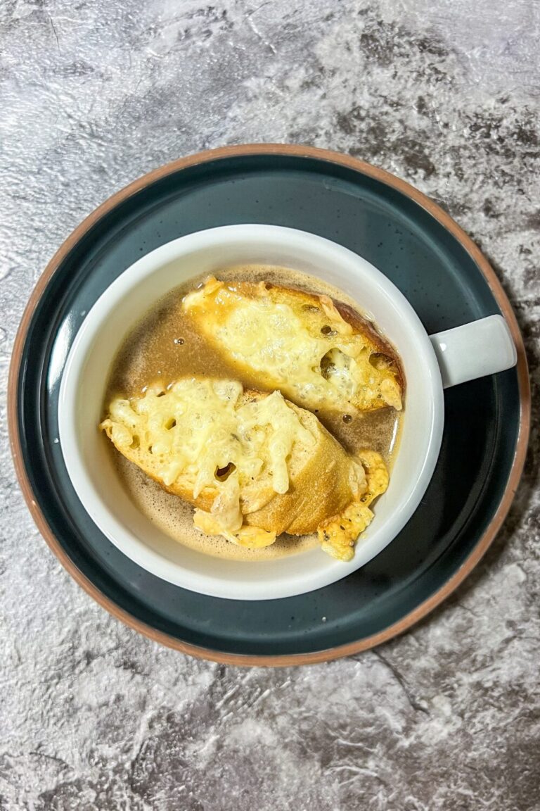 No Wine French Onion Soup with croutons on top
