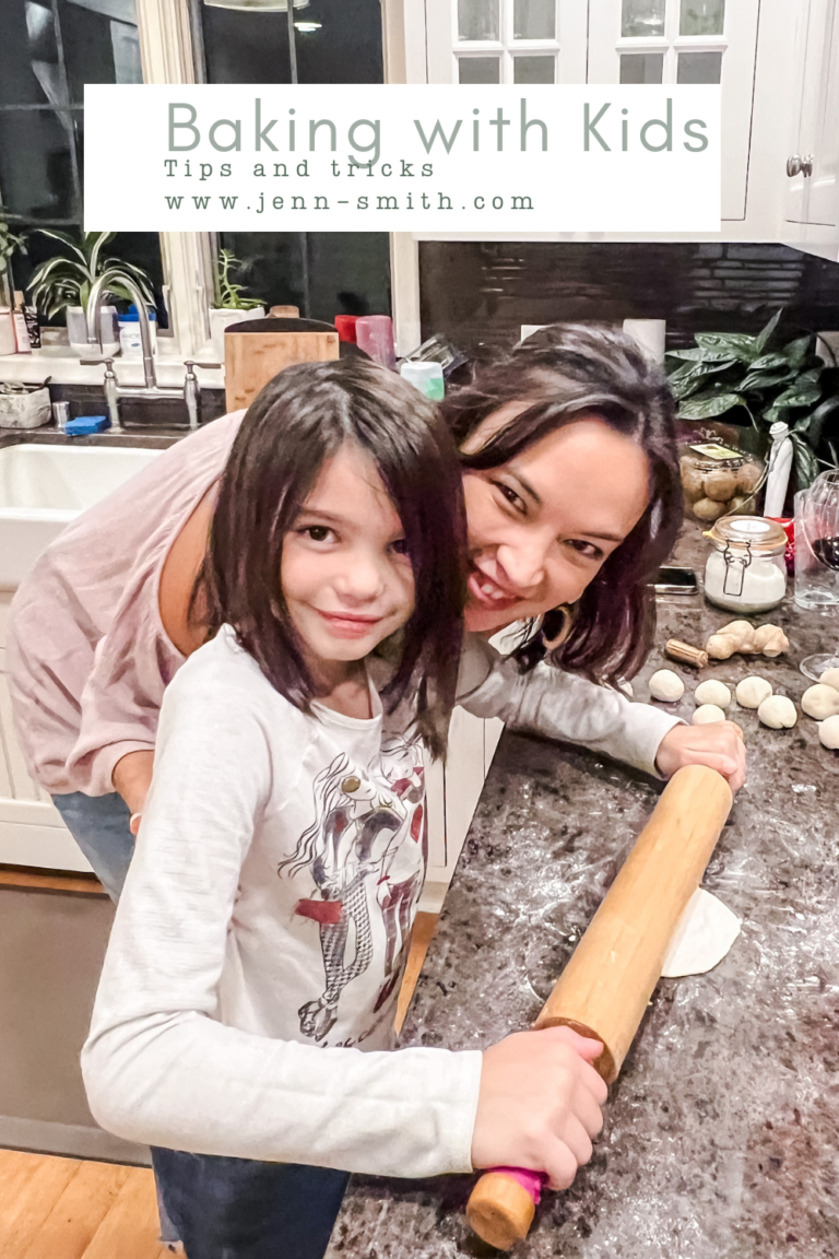 Baking with Kids Featured Image Jenn posing next her middle daughter as her daughter rolls out pot sticker dough