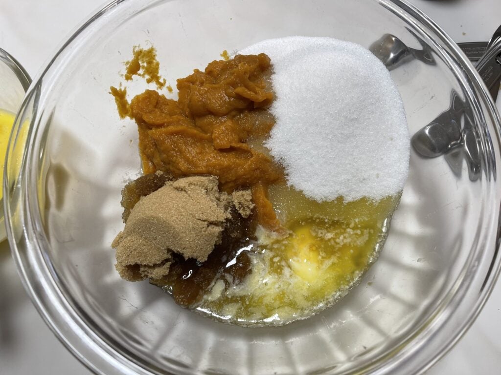 "wet" ingredients in a glass bowl before mixing