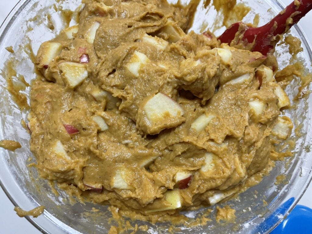 apples in the batter after being folded in.