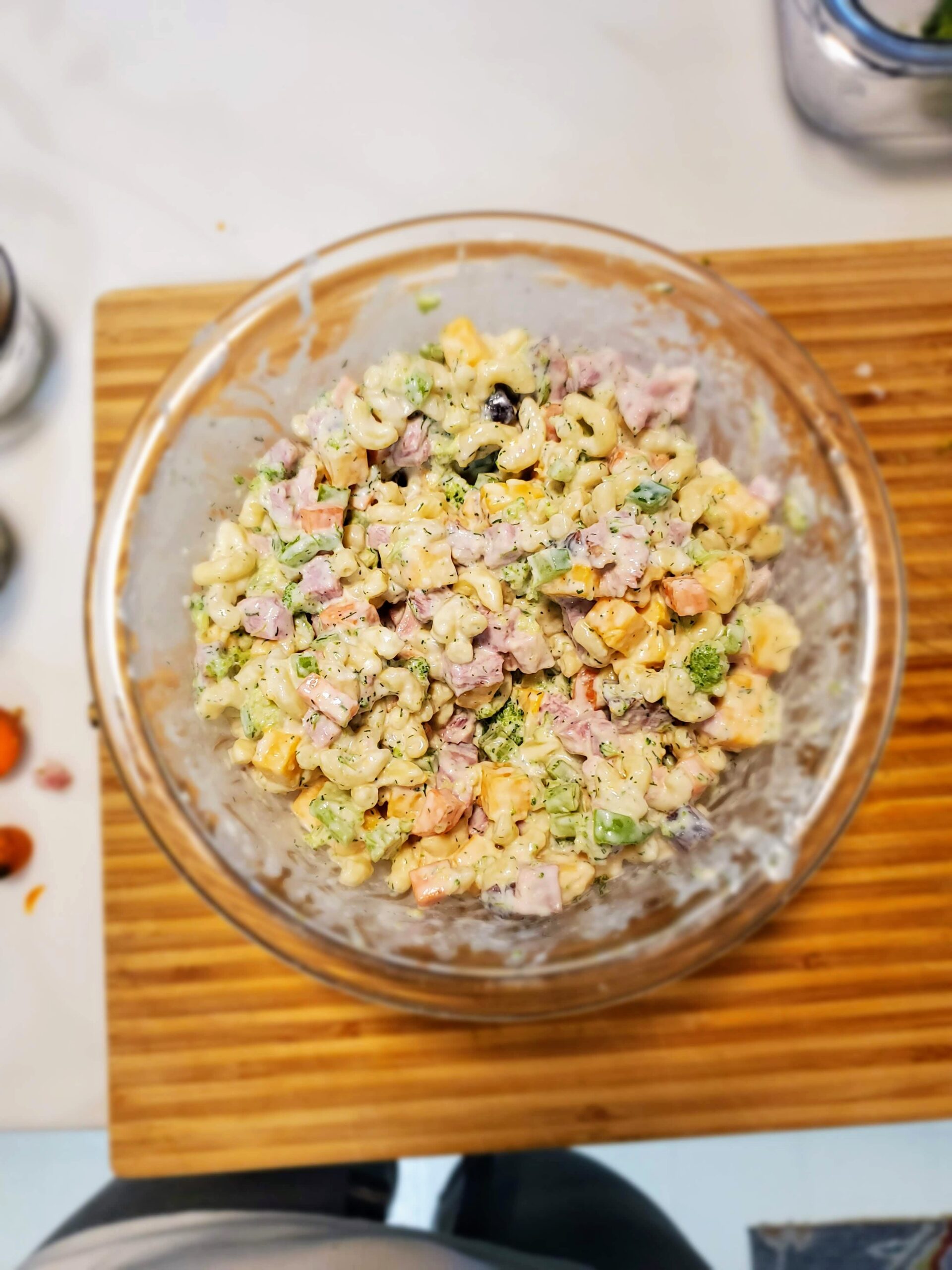 Finished pasta salad on a cutting board