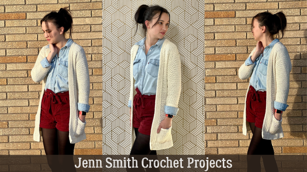 Blog banner of Jenn Smith (a brunette with her hair up in a messy bun) wearing the Granite Cardigan with red shorts, a light jean shirt and black tights.