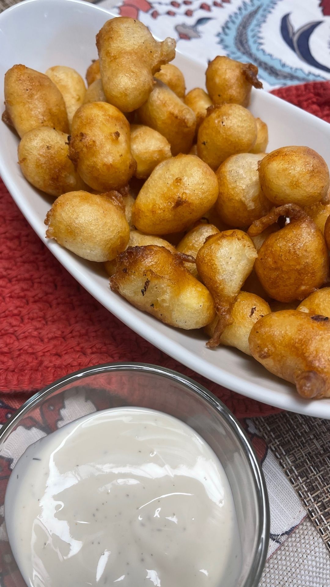 Image for Beer Battered Fried Cheese Curds with a side of ranch.