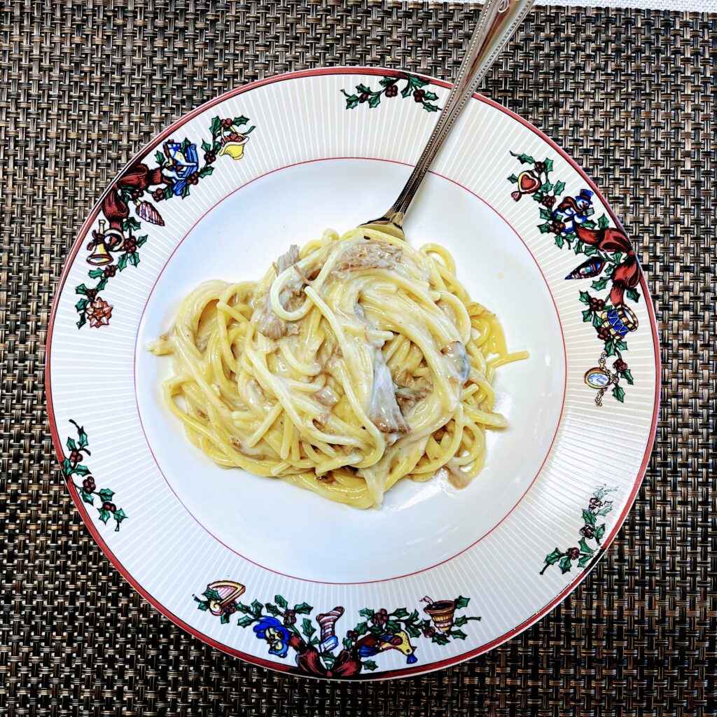 venison morel stroganoff in a Christmas pasta bowl