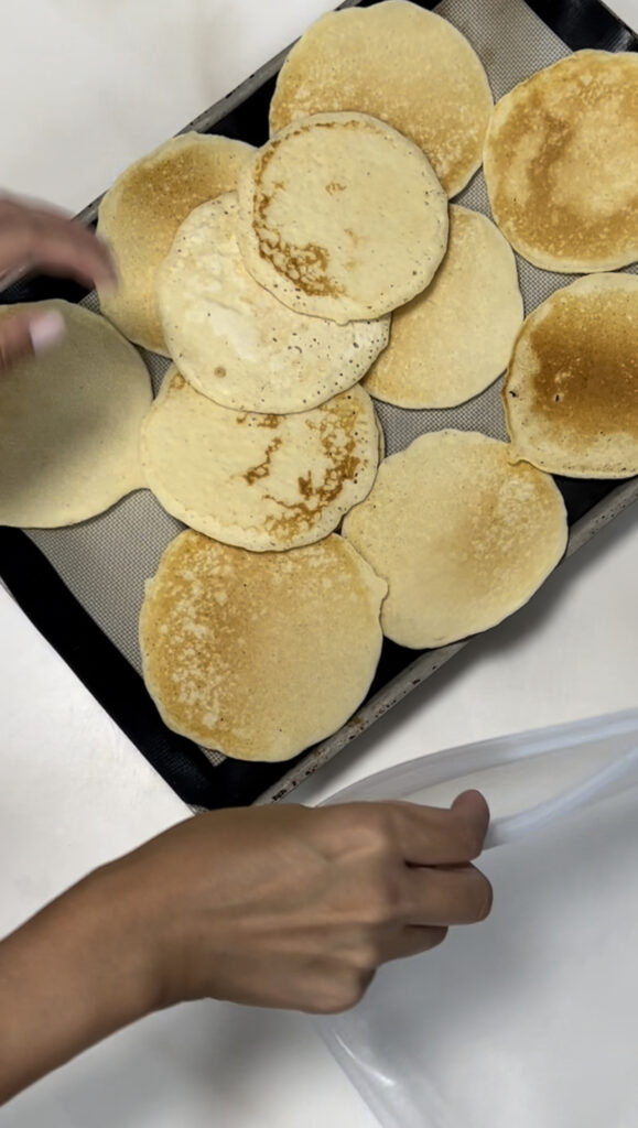 frozen pancakes piled on a pan