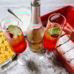 Cranberry Bellinis with Prosecco Rosé, served with Brunch items (Overnight french toast, whipped cream and an egg and ham casserole).