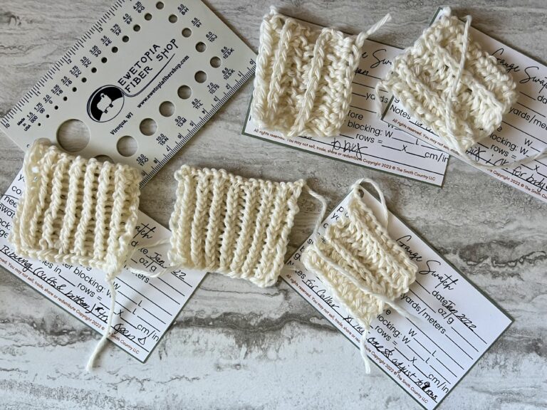 Image of gauge swatches, cards and a gauge ruler from Ewetopia.