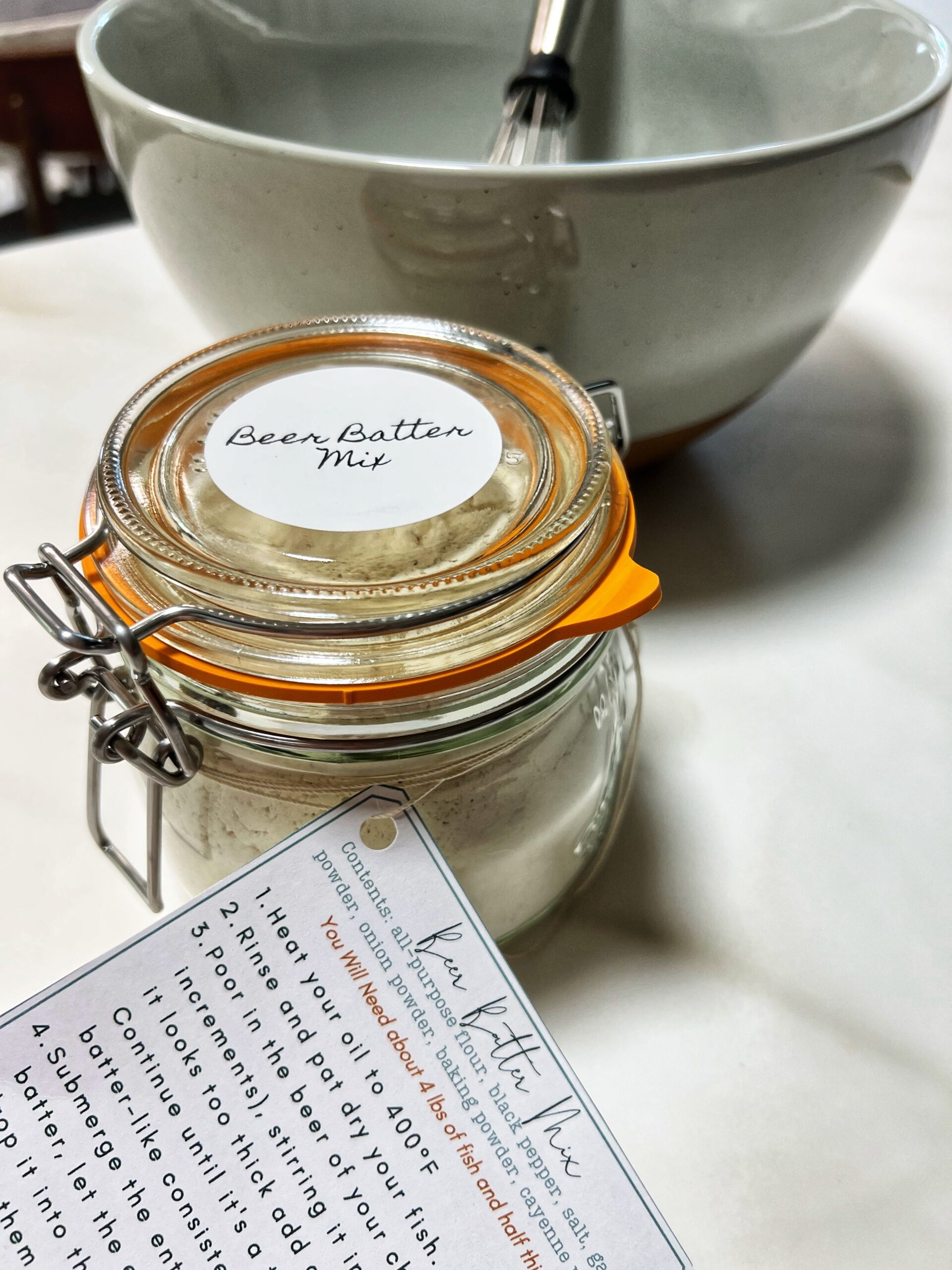 Beer Batter Mix in a jar and tag tied around.