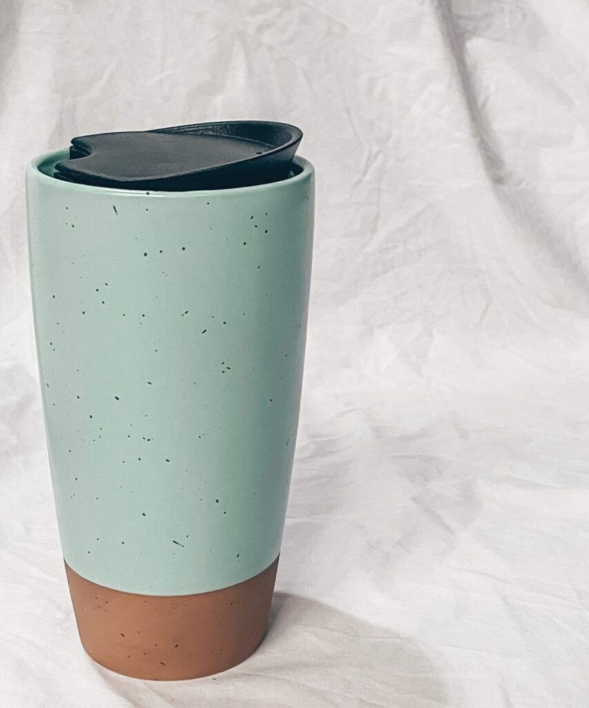 Mora Ceramics 14oz Double Walled Ceramic Travel Mug with Lid in Seafoam