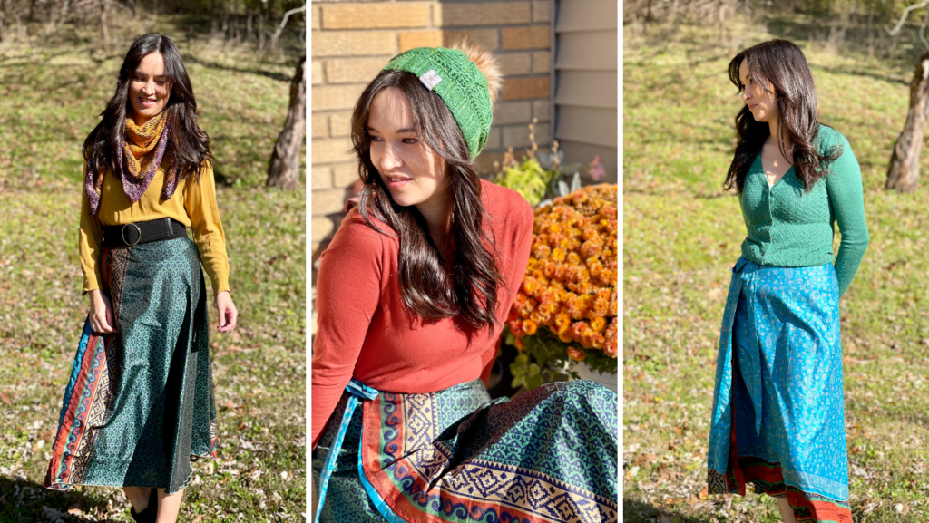 Sari Skirt FallWinter Facebook Cover Shows all three versions of outfits in one image