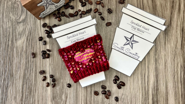 Photo of Speckled Heart Cup Sleeve completed with the printable tags included in pattern