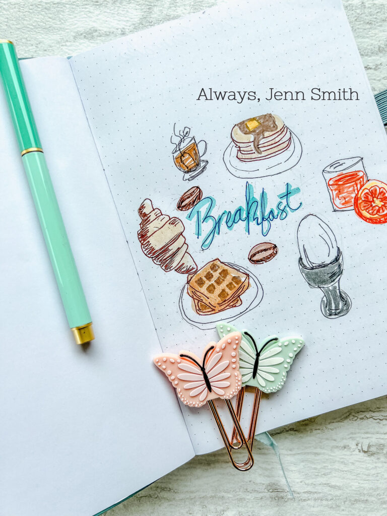 Image of my Breakfast section Cover Image. The word Breakfast is sounded by hand drawn food and drinks.