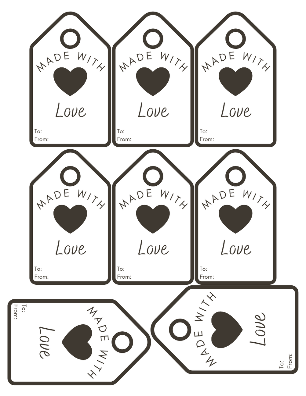 Hand drawn and handmade gift tags set 'Made with Love' set of ten