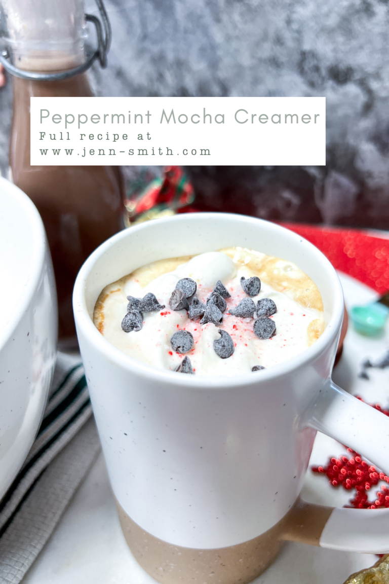Peppermint Mocha Creamer Blog Featured Image. The image is Finished coffee with whipped cream and mini chocolate chips