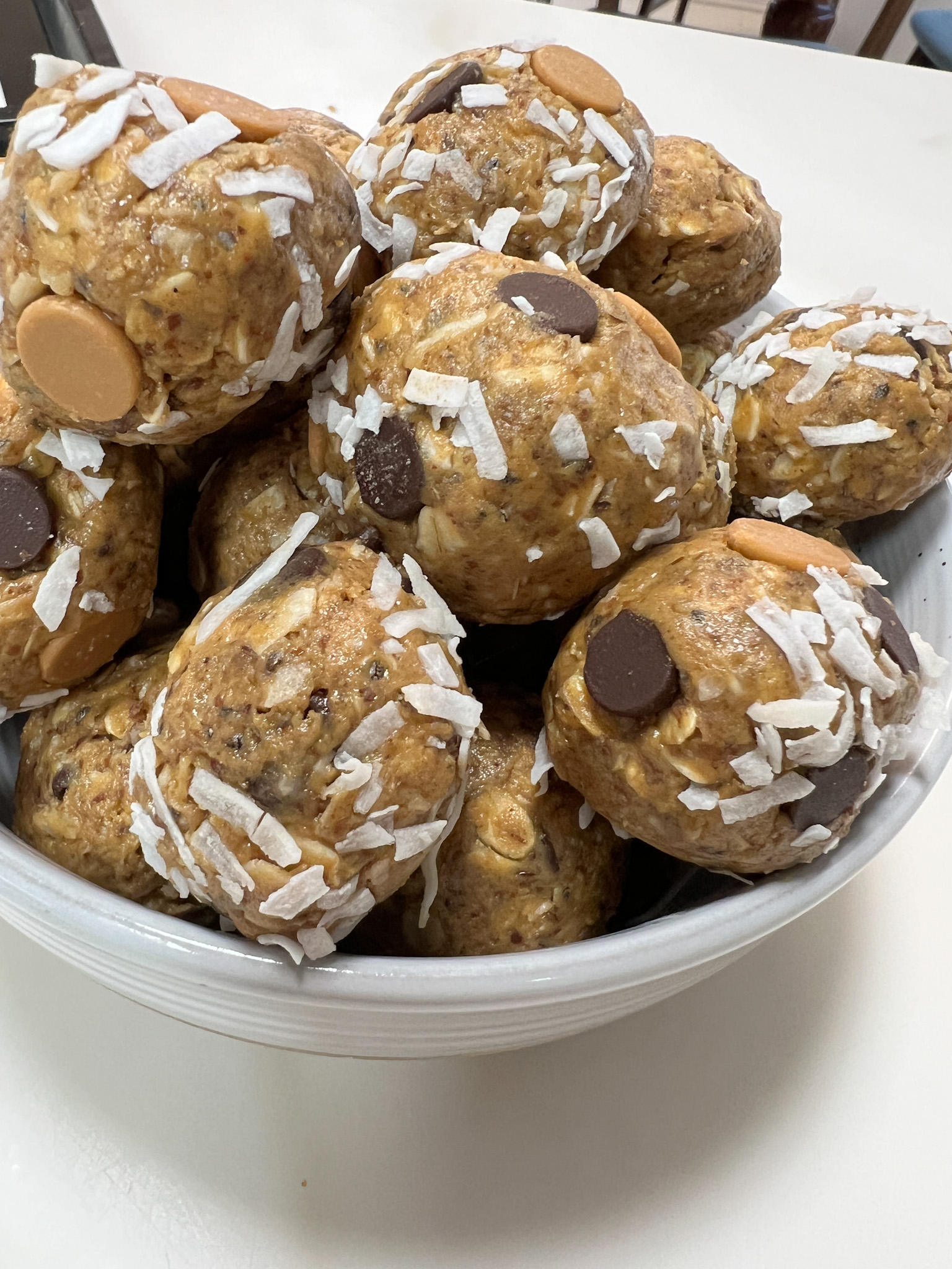 Finished snack bites in a ceramic bowl