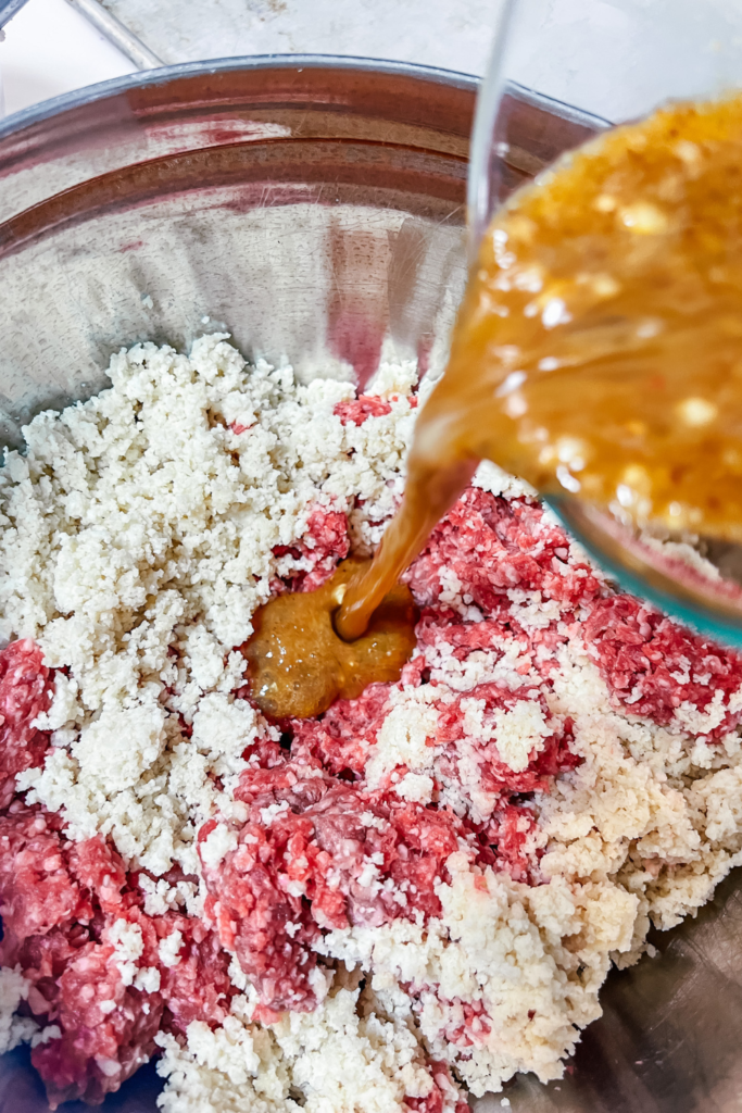 everything in a bowl (egg mixture being poured over)