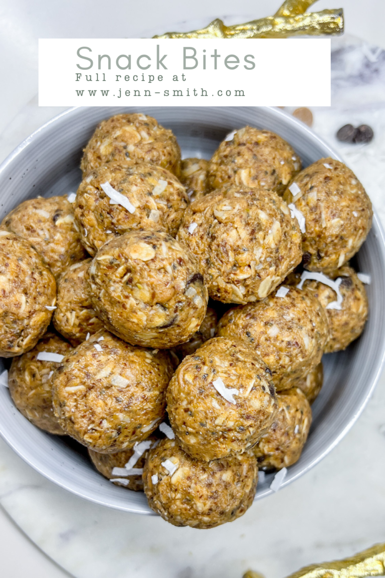 No-Bake, Low-Mess, Everyday Energy Snack Bites Post Featured Image is of the snack bites in a ceramic bowl in an "flay lay view"