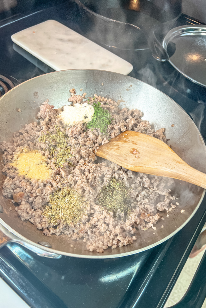 One-Pot Rigatoni Ragu - cooked meat and spices added