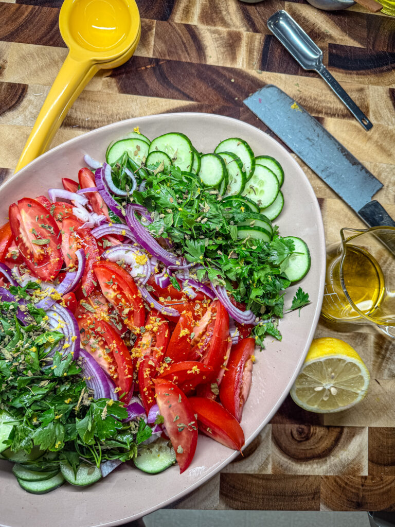 greek salad vegetables on a platter