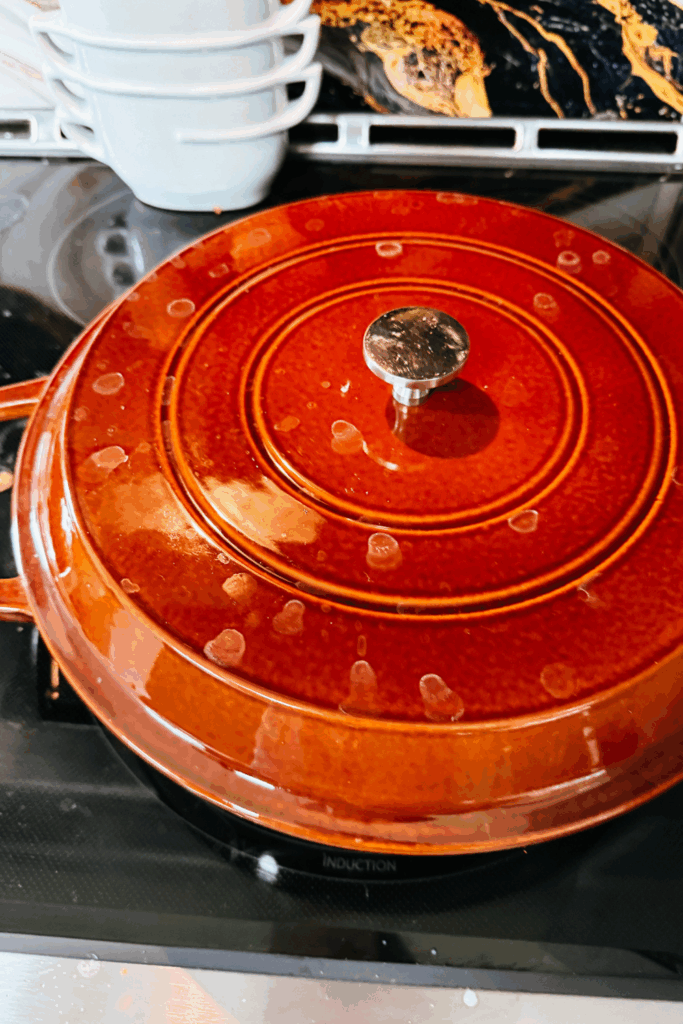 lid on after adding Burrata on top of finished Creamy Arrabbiata Penne with Sausage