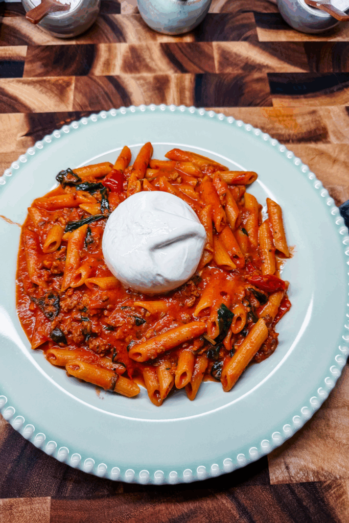 one burratta on top of the Creamy Arrabbiata with Sausage