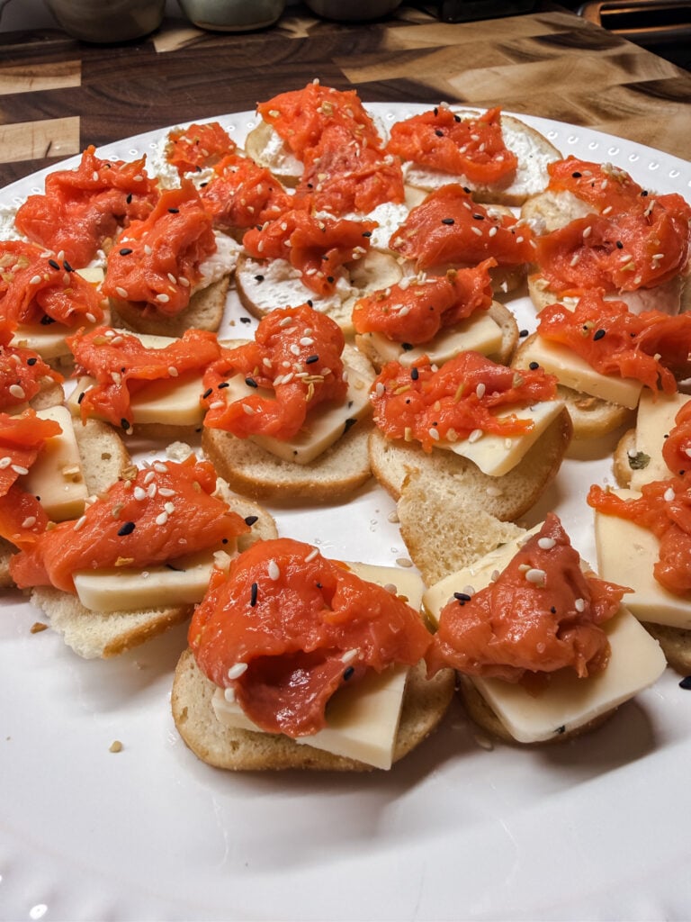 close up of close and bagels using cheese instead of cream cheese.