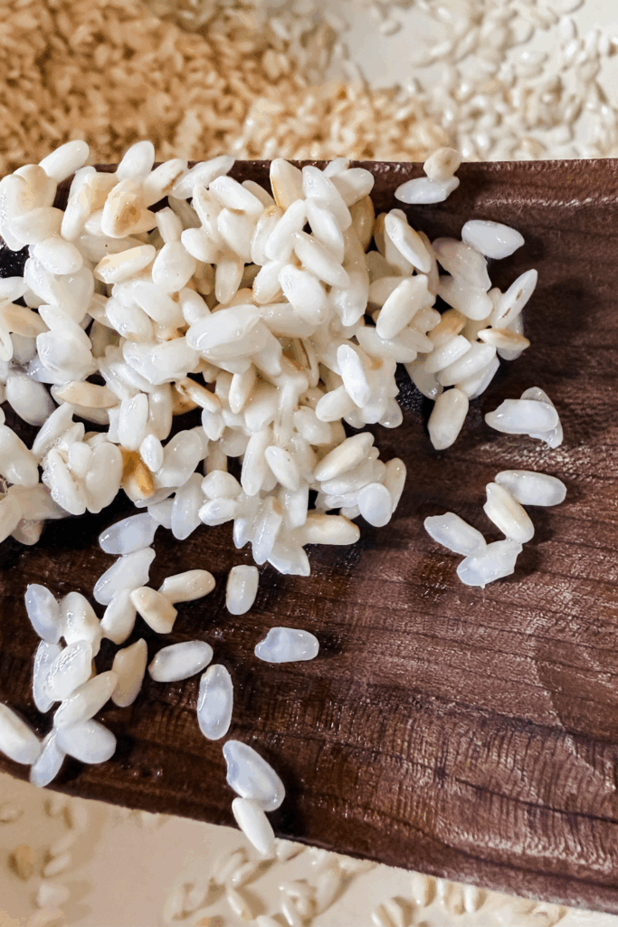 Image of the risotto showing the rice with translucent edges.