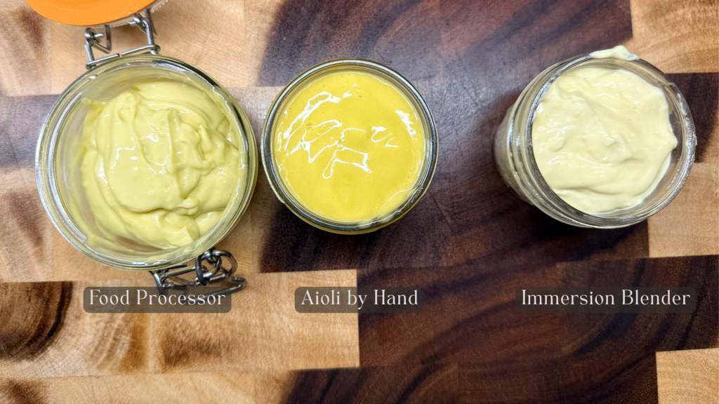 Comparison of aioli made by food processor, by hand, and immersion blender