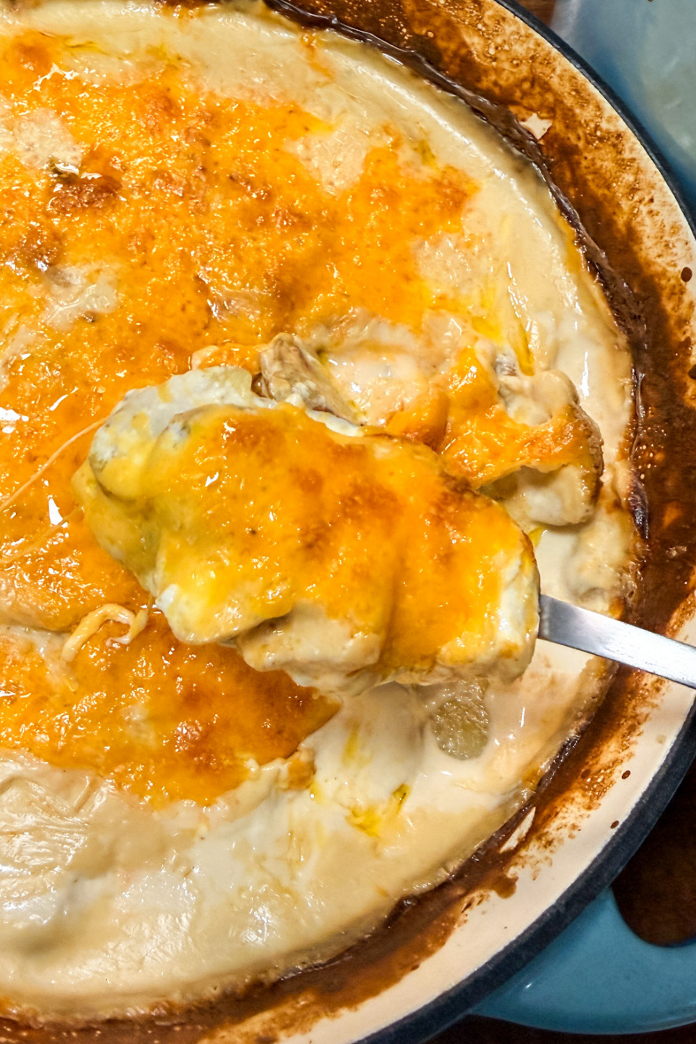 close up of creamy layered potatoes au gratin texture