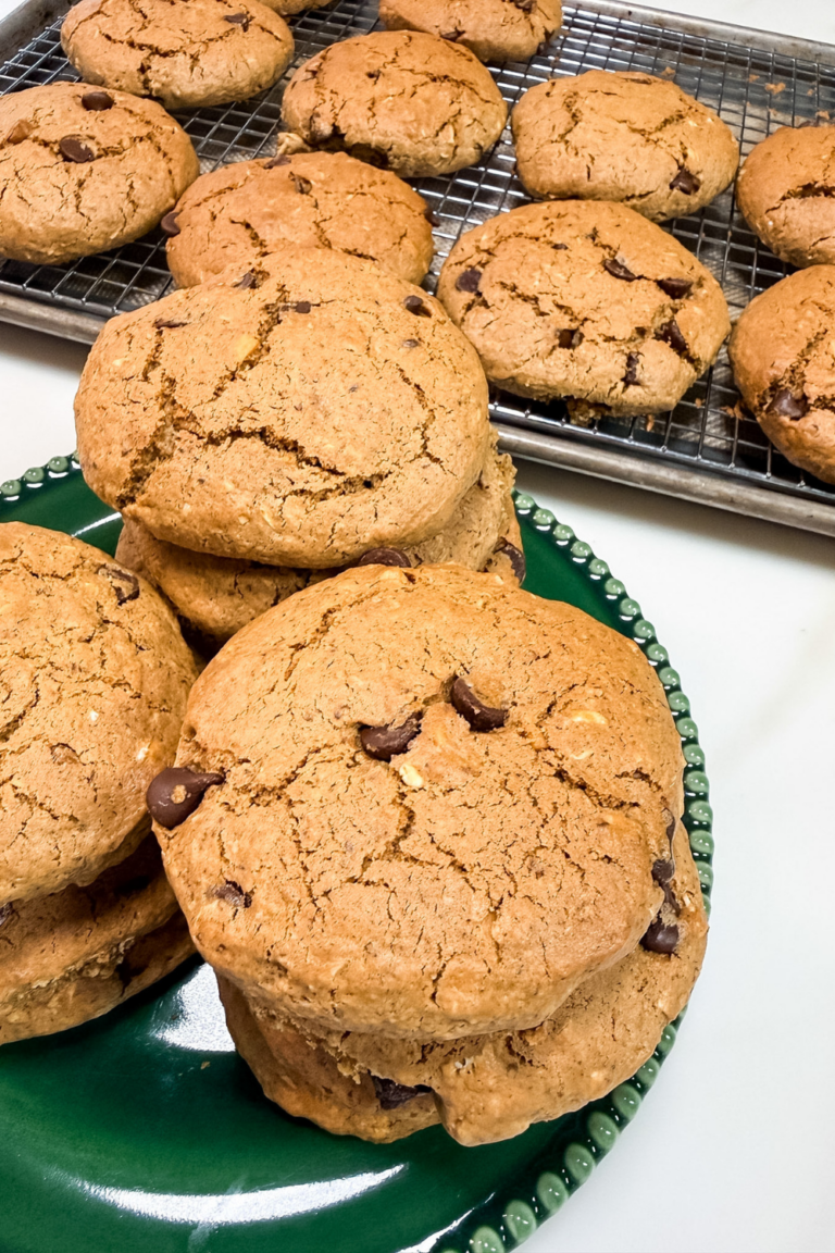 Peanut butter oatmeal breakfast cookies stacked on a plate with chocolate chips