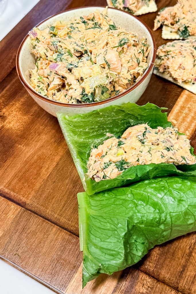 Salmon salad wrapped in lettuce for a low-carb option